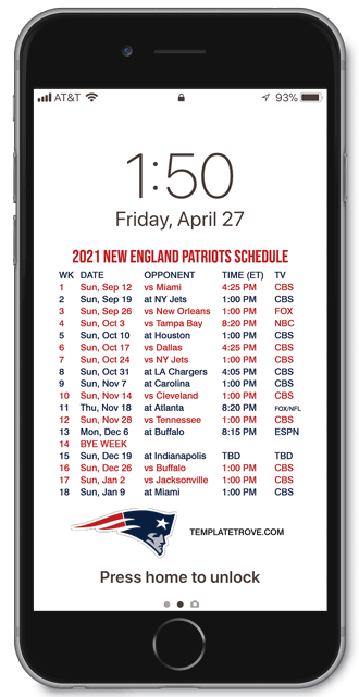 2021 New England Patriots Lock Screen Schedule