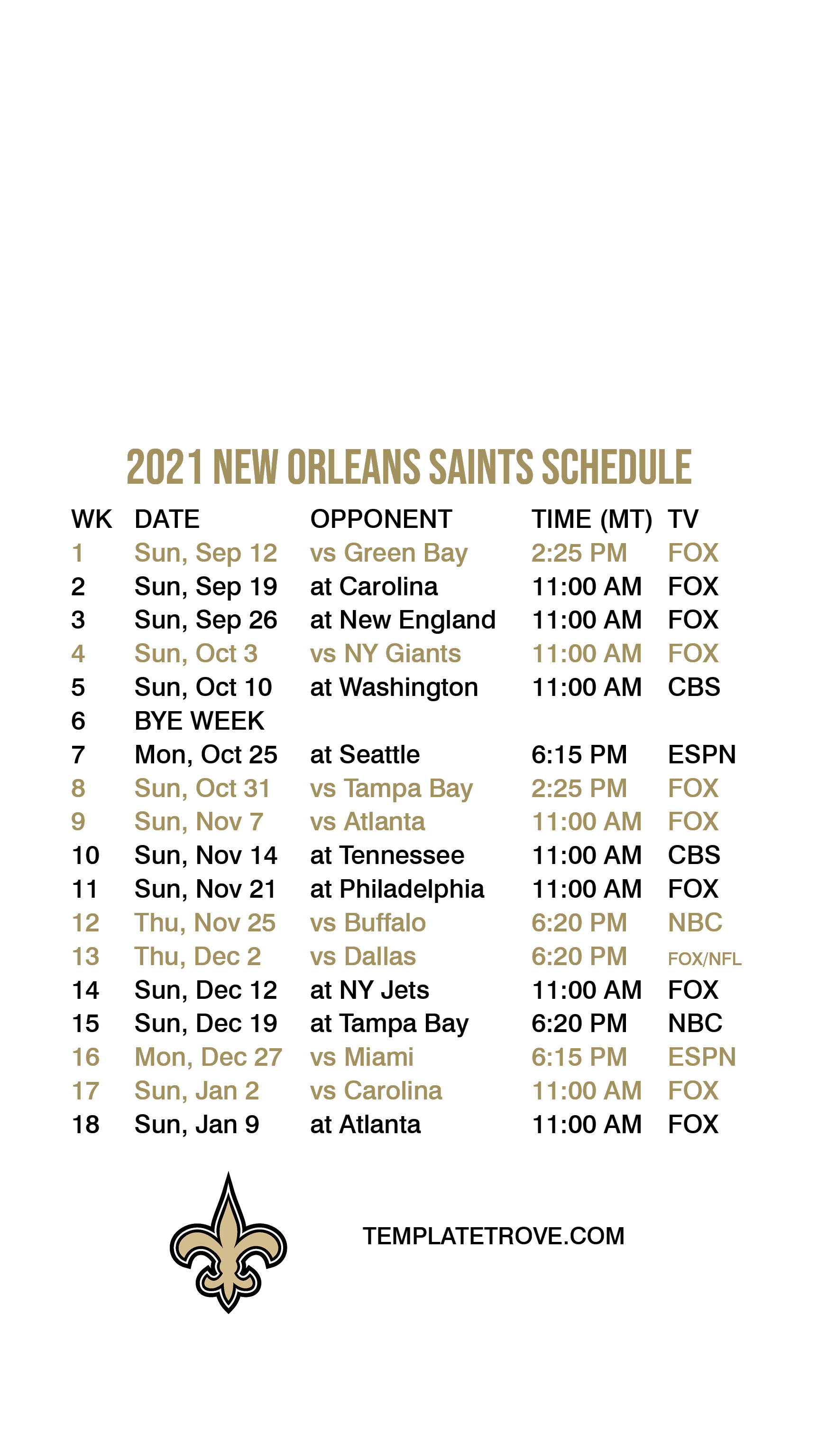 2021-2022 New Orleans Saints Lock Screen Schedule for iPhone 6-7-8 Plus