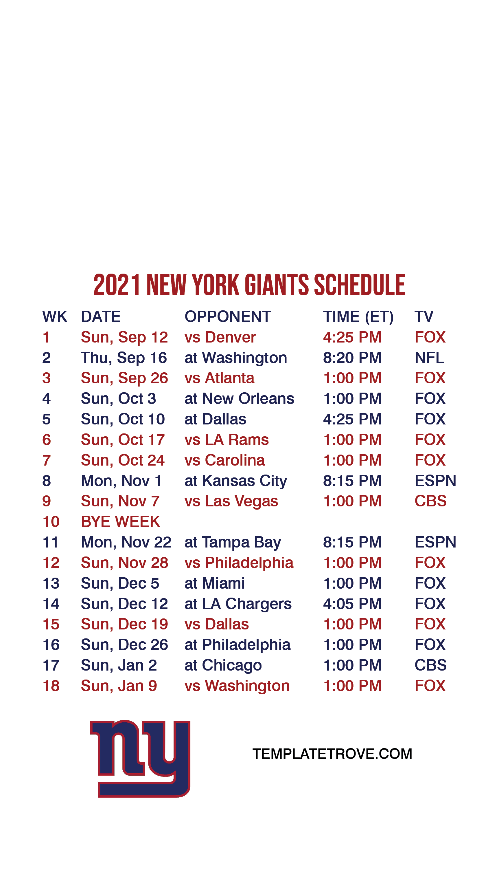 2021-2022 New York Giants Lock Screen Schedule for iPhone 6-7-8 Plus
