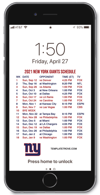 2021 New York Giants Lock Screen Schedule
