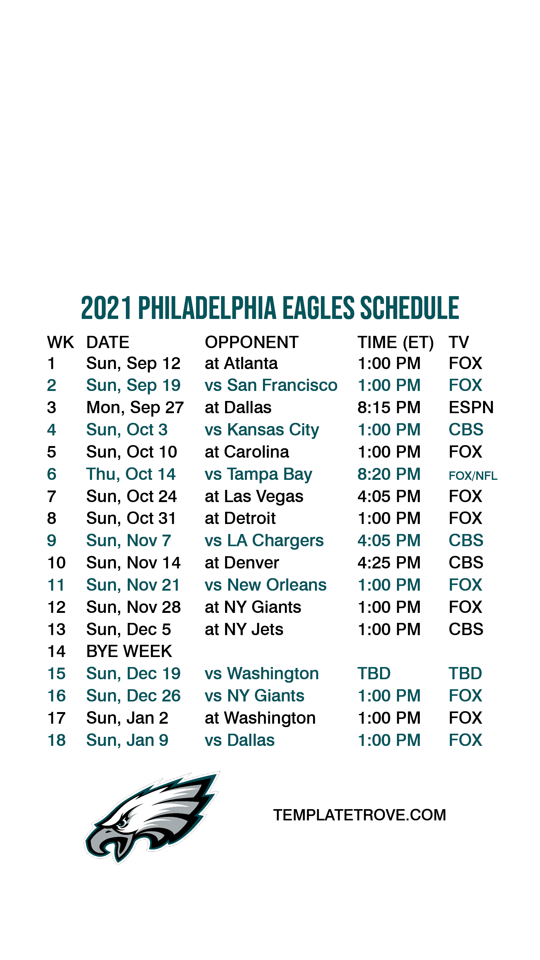 Printable Eagles Schedule 2022 - Customize and Print