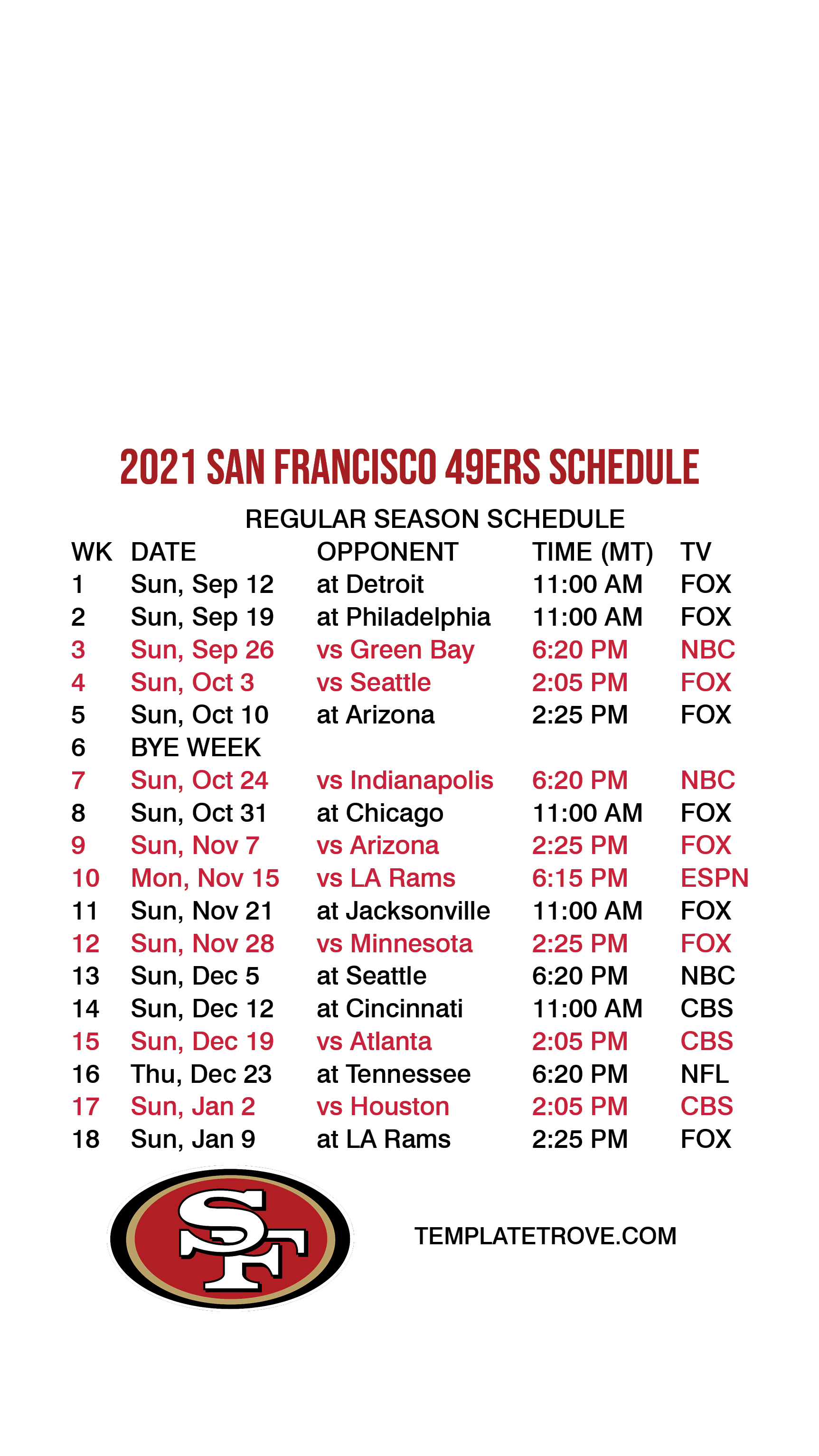 san francisco 49ers upcoming schedule