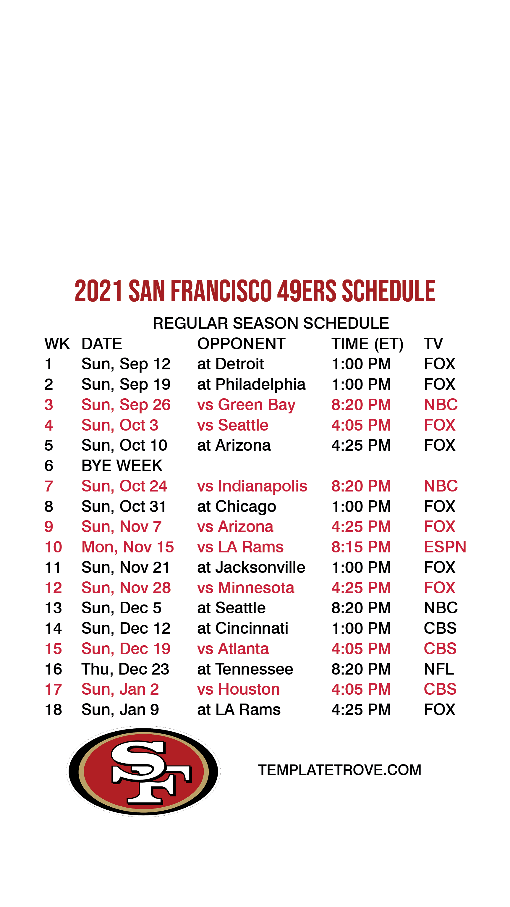 Printable 2021 2022 San Francisco 49ers Schedule Gambaran
