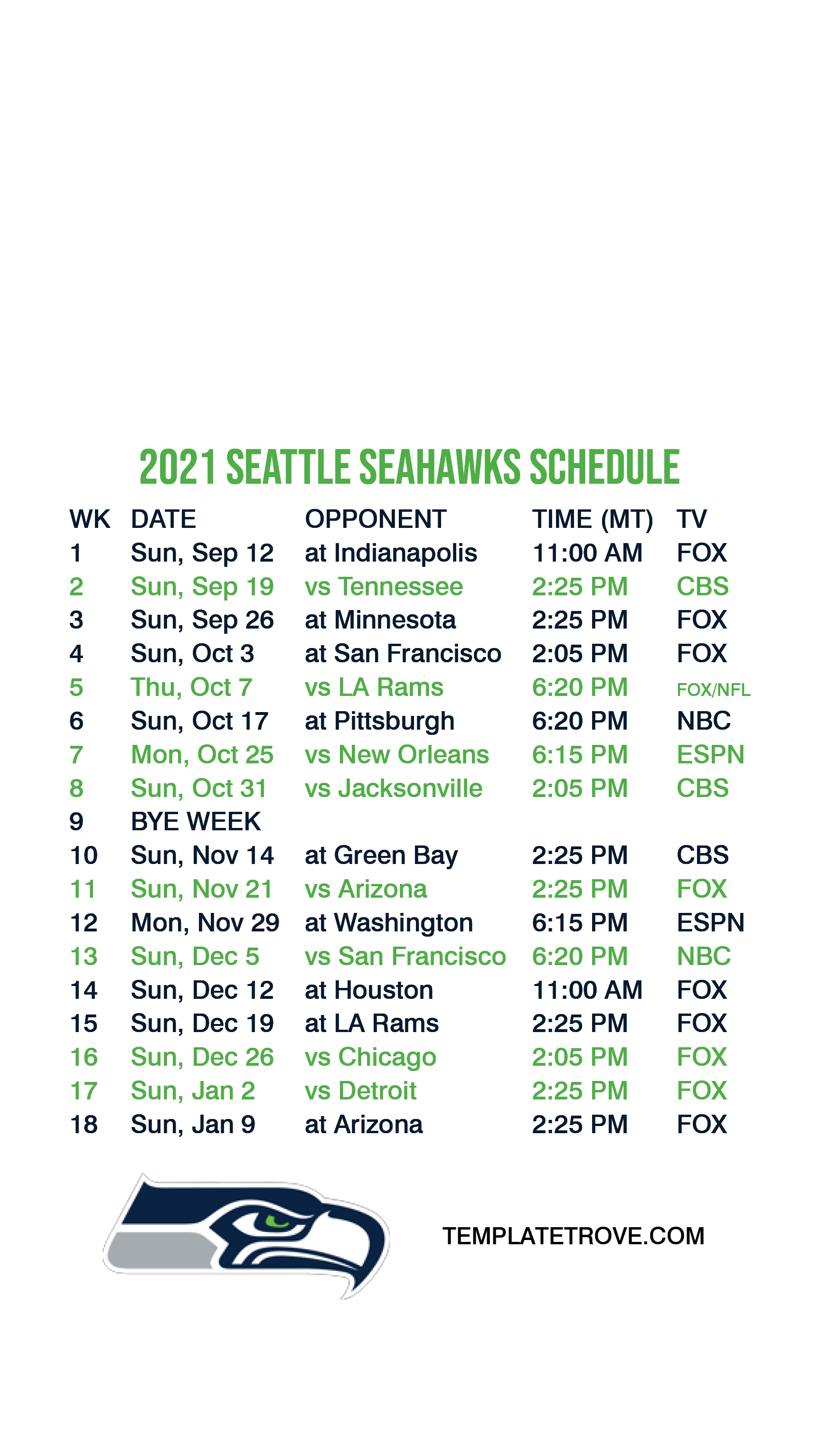 Seattle Seahawks Schedule 2022 Printable Customize and Print