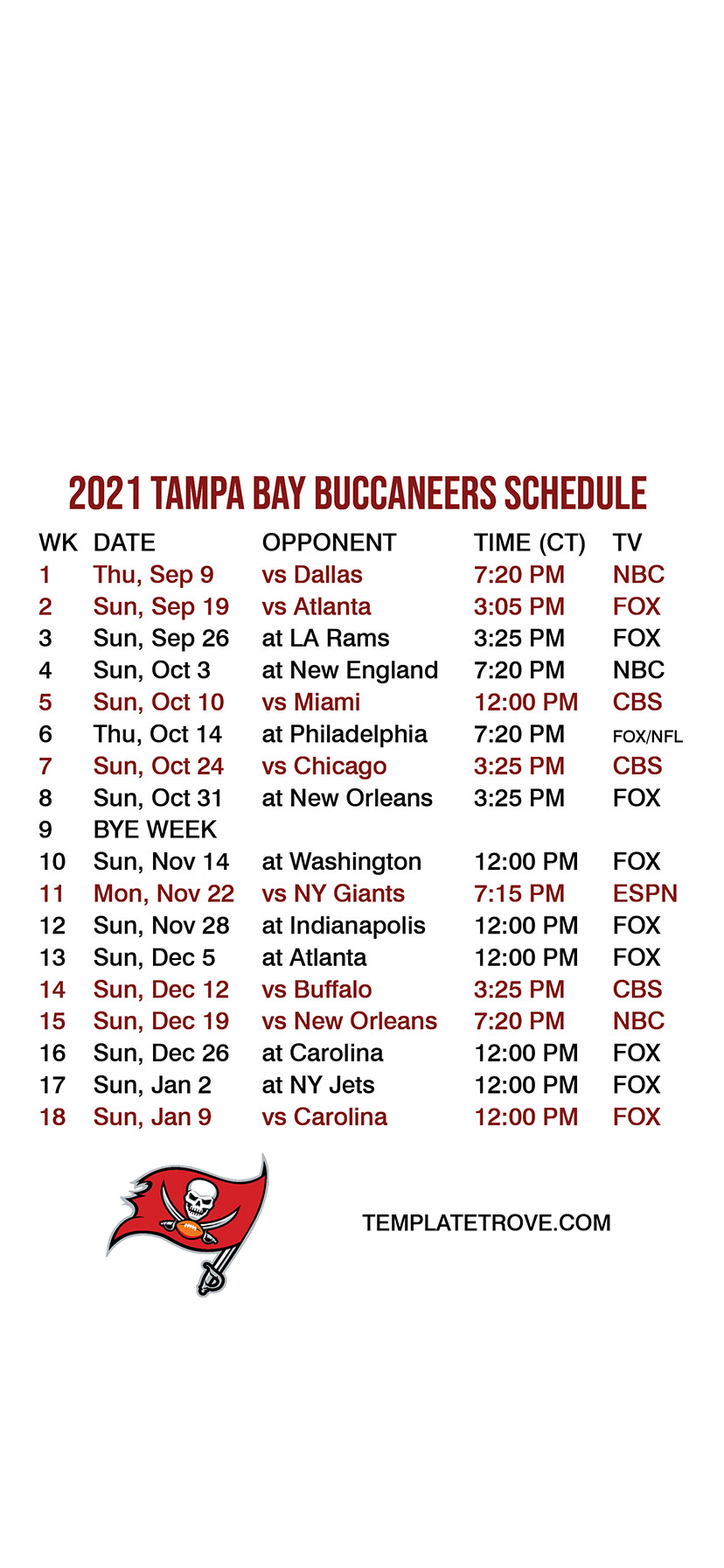 tampa bay buccaneers tv schedule