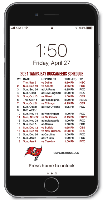 2021 Tampa Bay Buccaneers Lock Screen Schedule