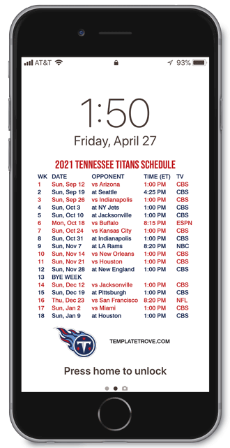 2021 Tennessee Titans Lock Screen Schedule