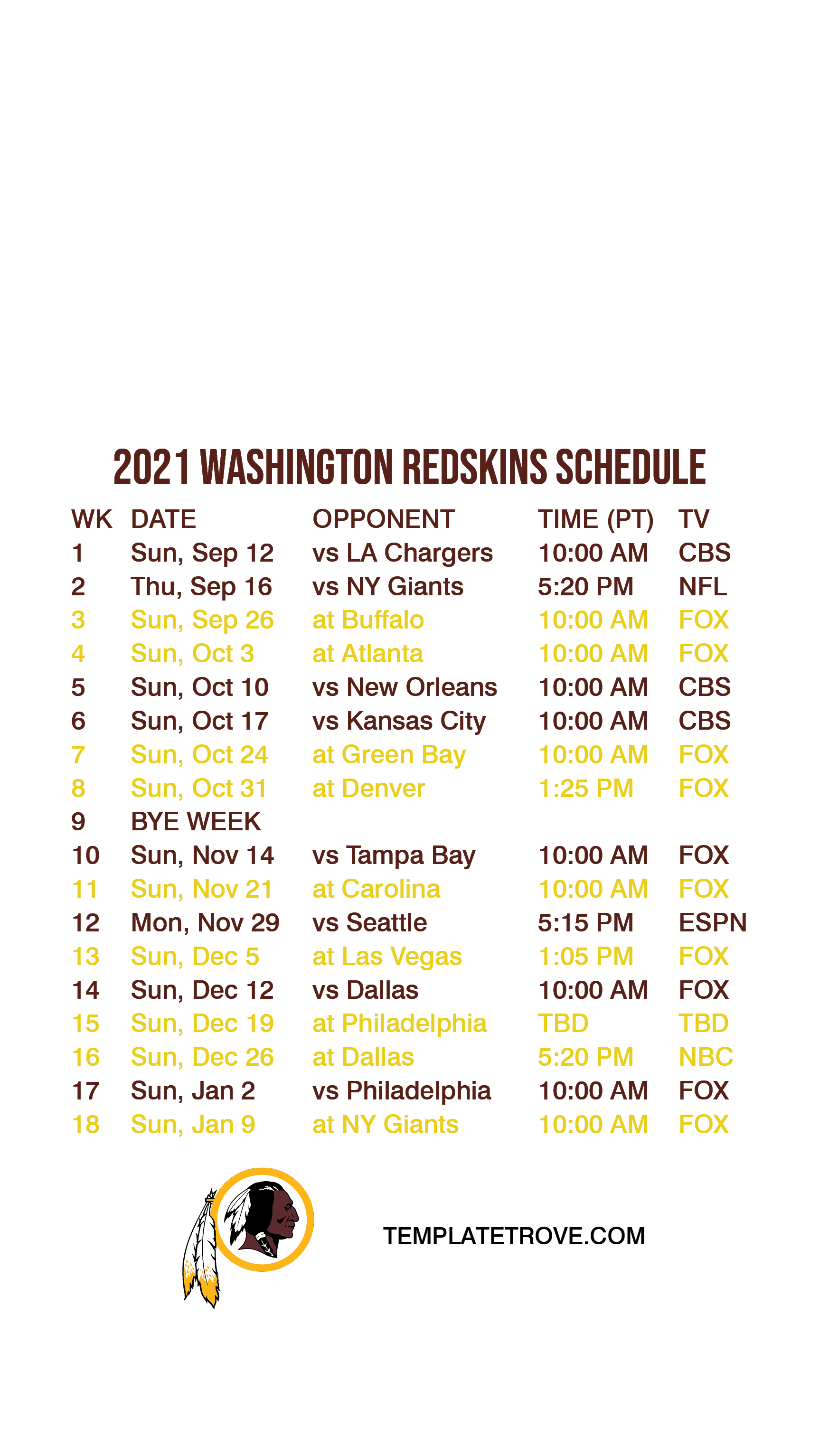 2021-2022 Washington Redskins Lock Screen Schedule for iPhone 6-7-8 Plus