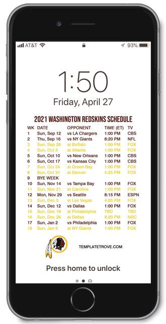 2021 Washington Redskins Lock Screen Schedule