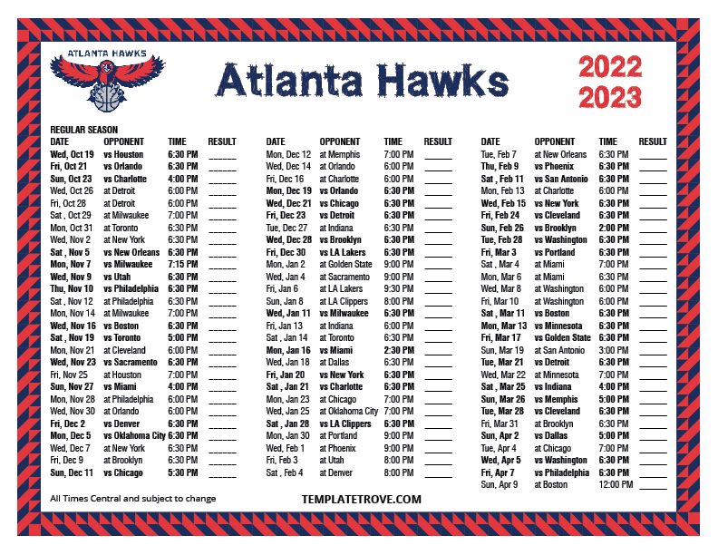 2022 2023 Atlanta Hawks Printable Schedule Central Times 