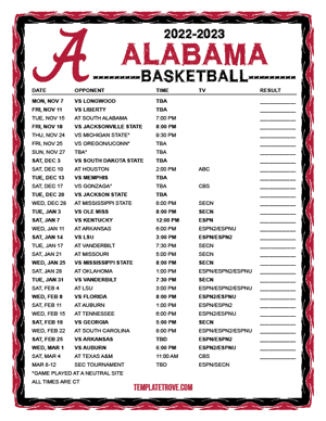 Alabama Crimson Tide Basketball 2022-23 Printable Schedule - Central Times