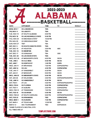 Alabama Crimson Tide Basketball 2022-23 Printable Schedule