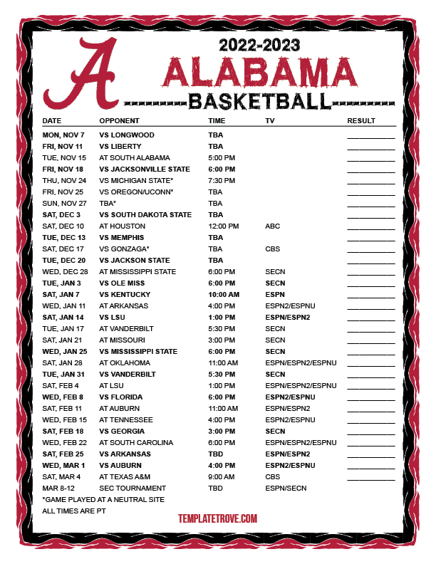 Printable 2022 2023 Alabama Crimson Tide Basketball Schedule