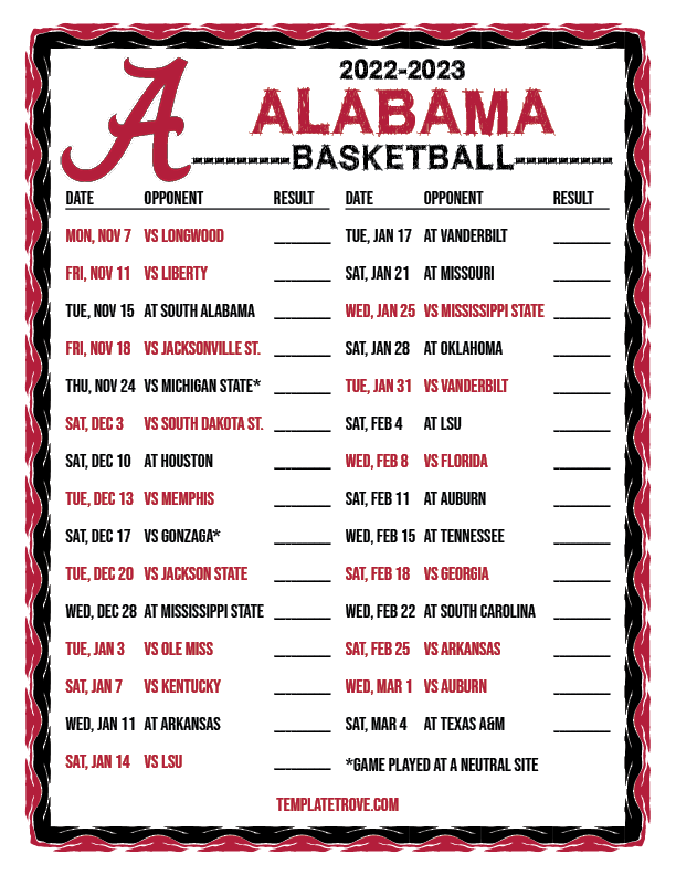 2022 2023 Printable Alabama Crimson Tide Basketball Schedule 