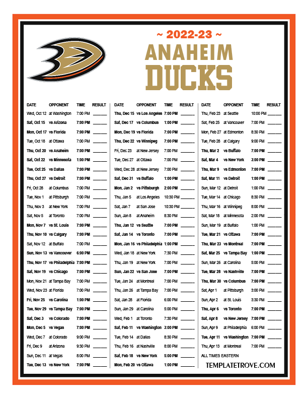 Printable 2022 2023 Anaheim Ducks Schedule