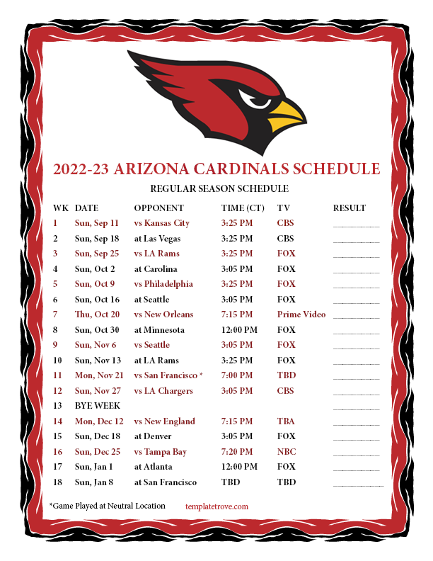 arizona cardinals home schedule 2022