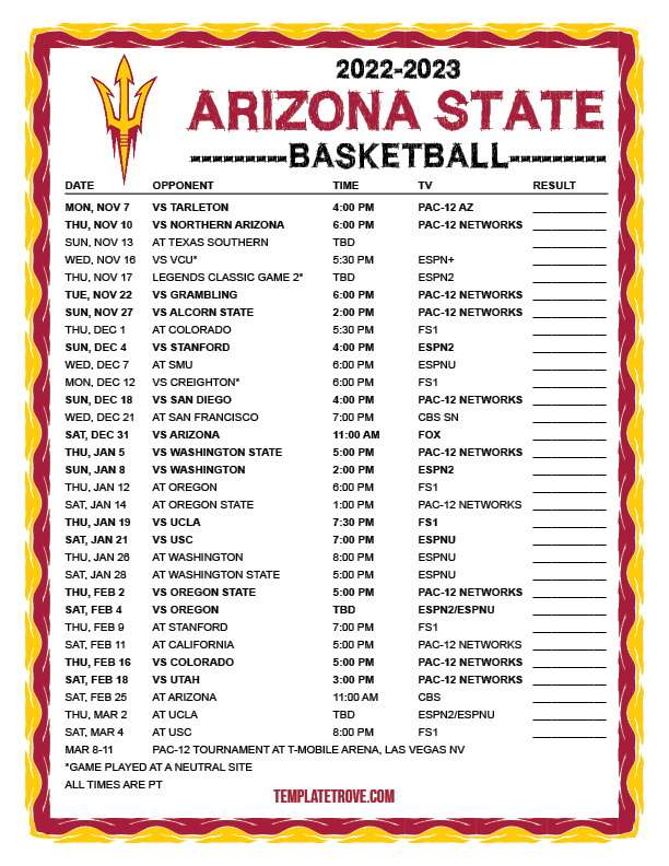 Printable 2022-2023 Arizona State Sun Devils Basketball Schedule
