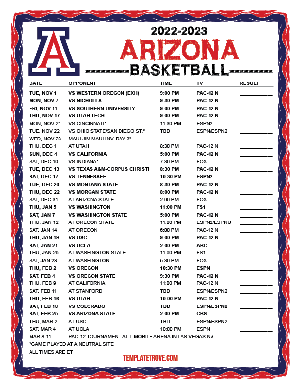 Printable 20222023 Arizona Wildcats Basketball Schedule