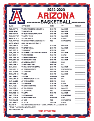 Arizona Wildcats Basketball 2022-23 Printable Schedule - Pacific Times