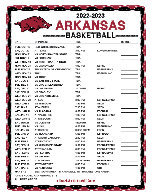 2022 2023 Printable Arkansas Razorbacks Basketball Schedule Full CT 