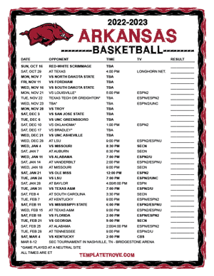 Arkansas Razorbacks Basketball 2022-23 Printable Schedule