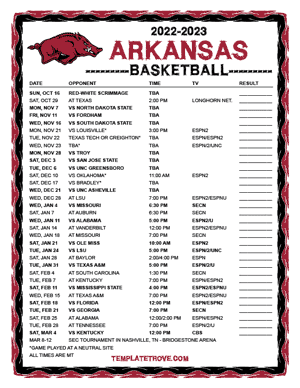 Arkansas Razorbacks Basketball 2022-23 Printable Schedule - Mountain Times