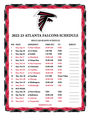 Atlanta Falcons 2022-23 Printable Schedule - Pacific Times