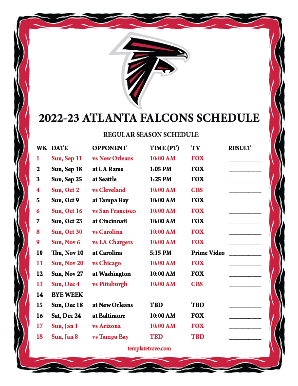 Printable 20222023 Atlanta Falcons Schedule