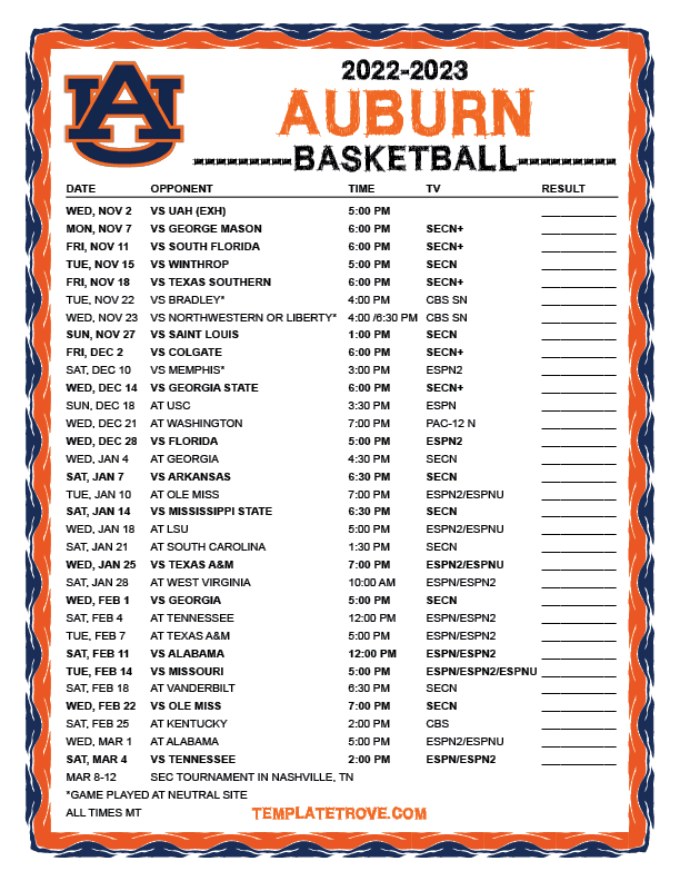 Printable 2022 2023 Auburn Tigers Basketball Schedule