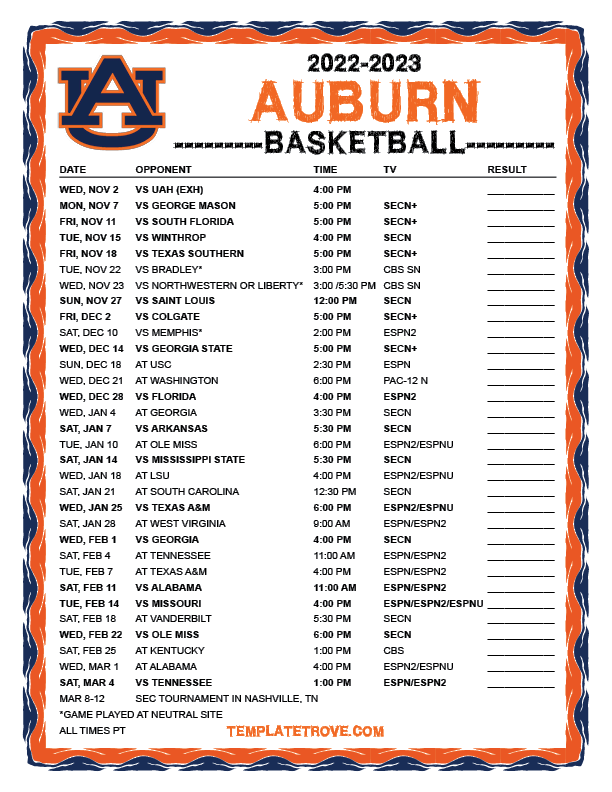 Printable 20222023 Auburn Tigers Basketball Schedule