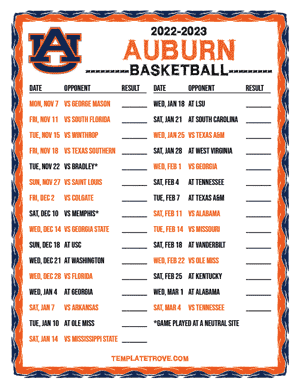 2022-23 Printable Auburn Tigers Basketball Schedule