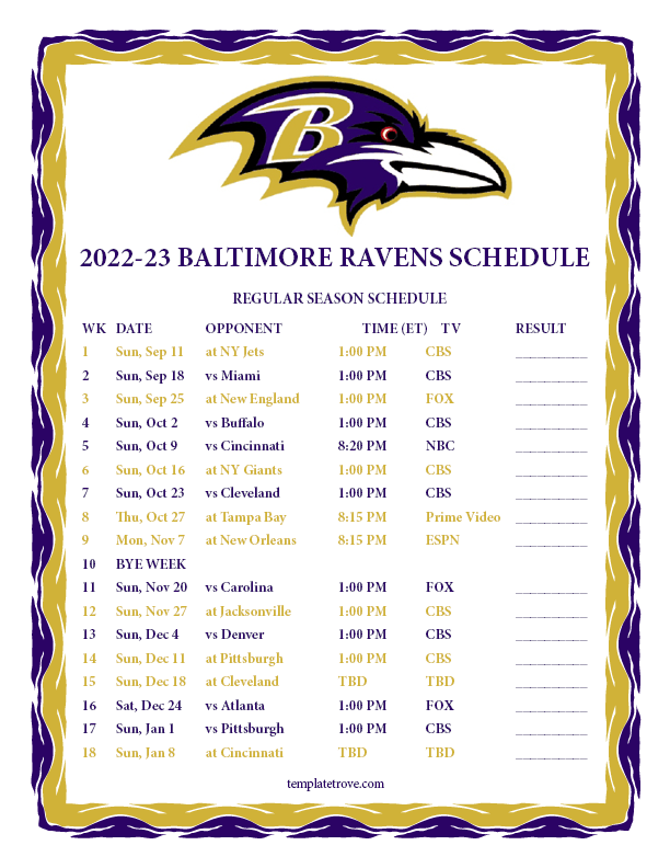 Printable Ravens Schedule 2022 Customize and Print