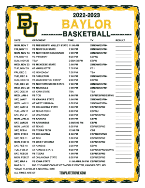 Baylor Bears Basketball 2022-23 Printable Schedule - Central Times