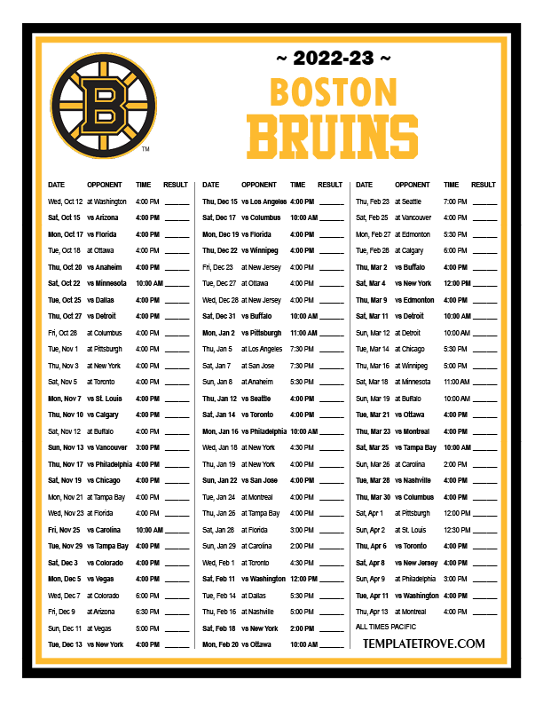 Printable 20222023 Boston Bruins Schedule