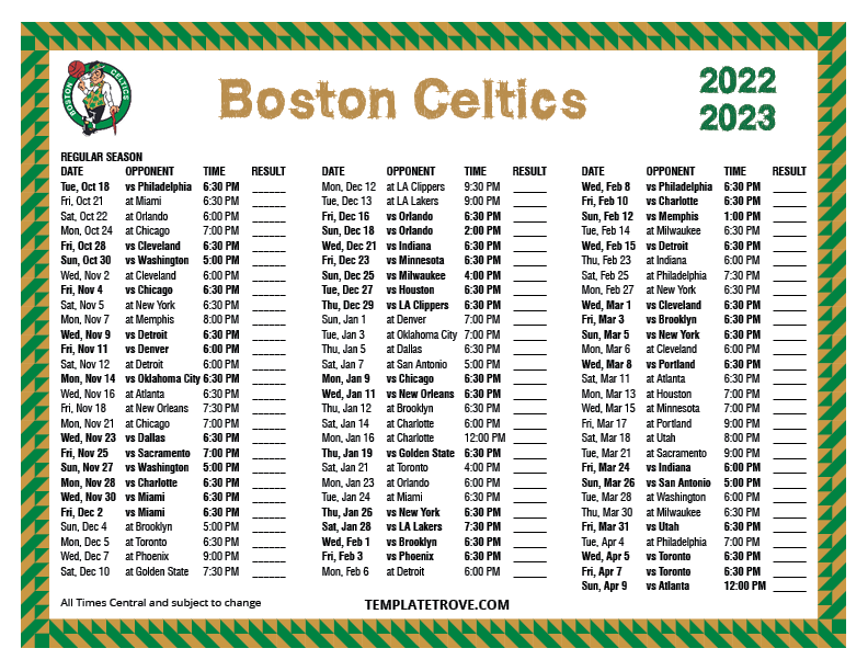 Printable 20222023 Boston Celtics Schedule