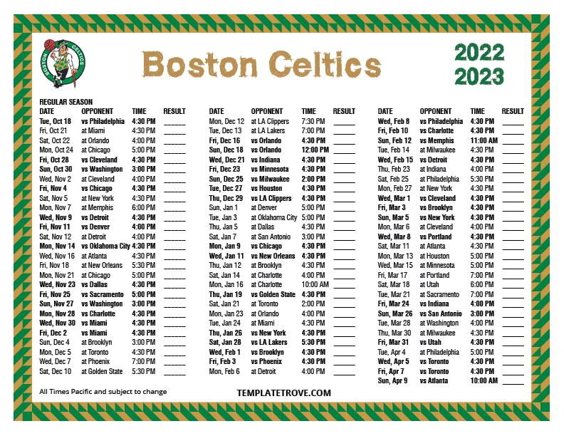 2022 2023 Printable Boston Celtics Schedule Pacific Times 