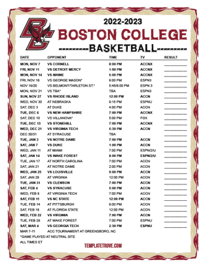 Boston College Eagles Basketball 2022-23 Printable Schedule