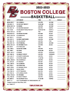 Boston College Eagles Basketball 2022-23 Printable Schedule - Pacific Times