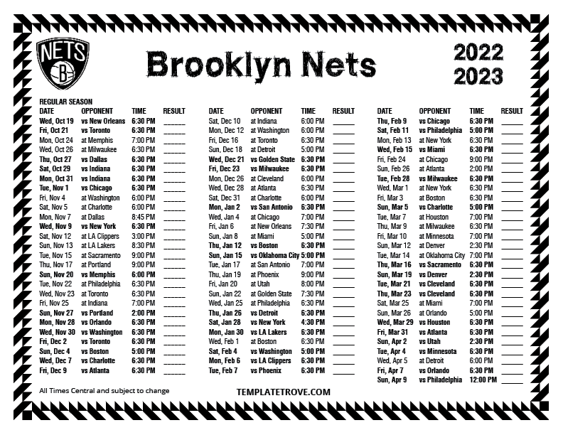 Printable 2022-2023 Brooklyn Nets Schedule