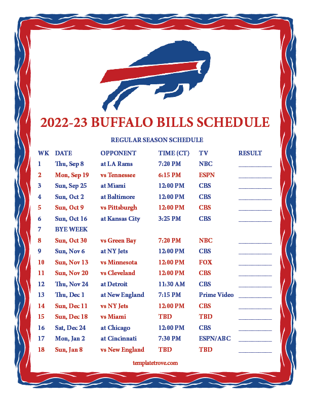 Printable 20222023 Buffalo Bills Schedule
