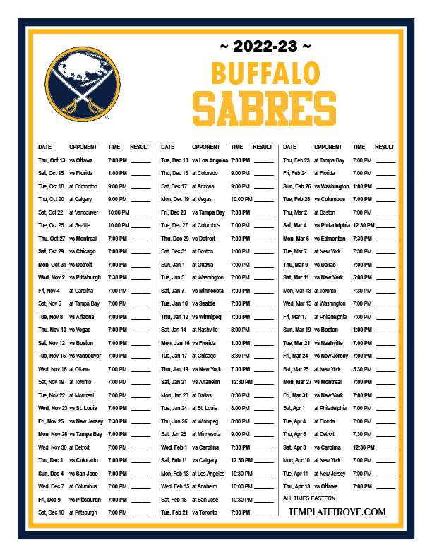 Sabres Schedule 202223 Printable Customize and Print