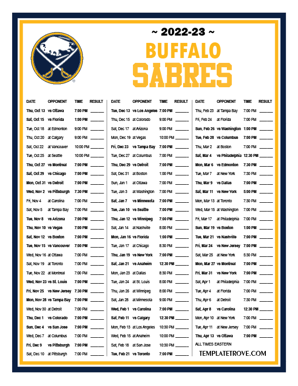 Sabres Schedule 2022 23 Printable