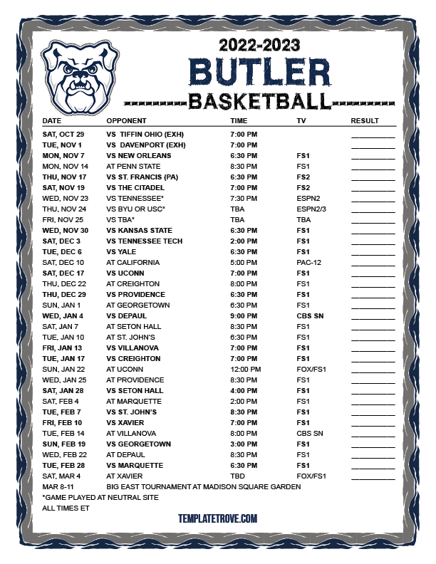 Printable 2022-2023 Butler Bulldogs Basketball Schedule