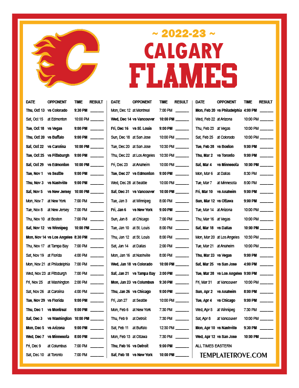 Printable 20222023 Calgary Flames Schedule