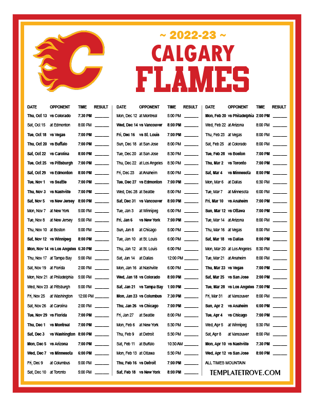 Printable 2022 2023 Calgary Flames Schedule