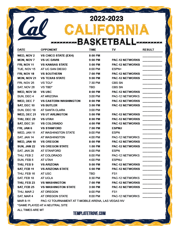 Printable 20222023 California Golden Bears Basketball Schedule