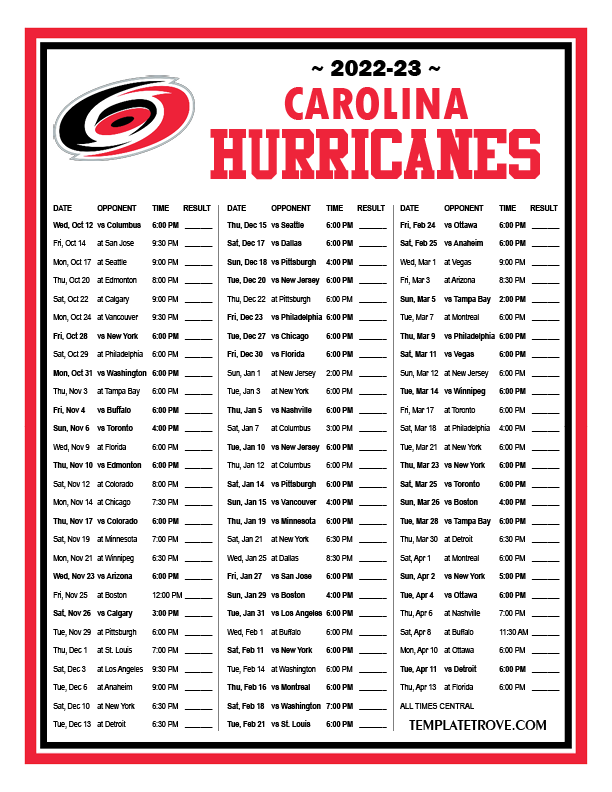 Printable 2022-2023 Carolina Hurricanes Schedule