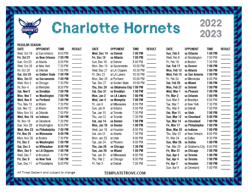 Printable 20222023 Charlotte Schedule