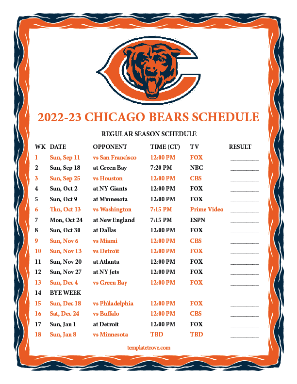Printable 2022-2023 Chicago Bears Schedule