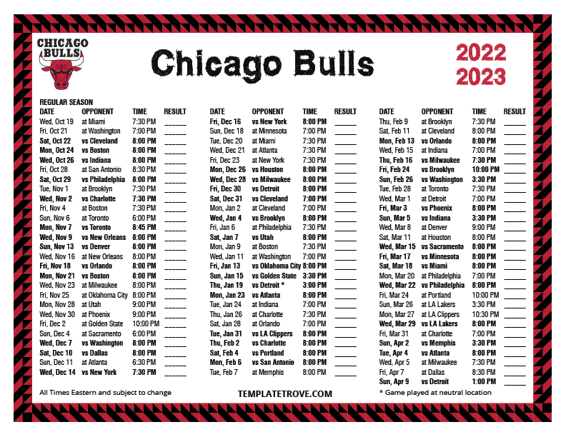 Printable 2022-2023 Chicago Bulls Schedule